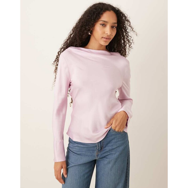 Mango high neck long sleeve satin top in light pink 108491684