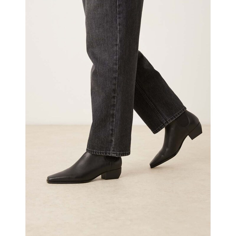 Mango leather square toe low heeled ankle boot in black