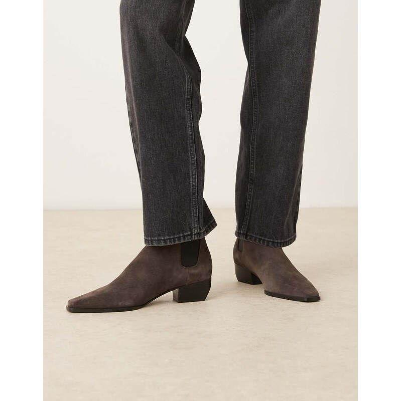 Mango suede square toe low heeled western ankle boot in grey 108491693