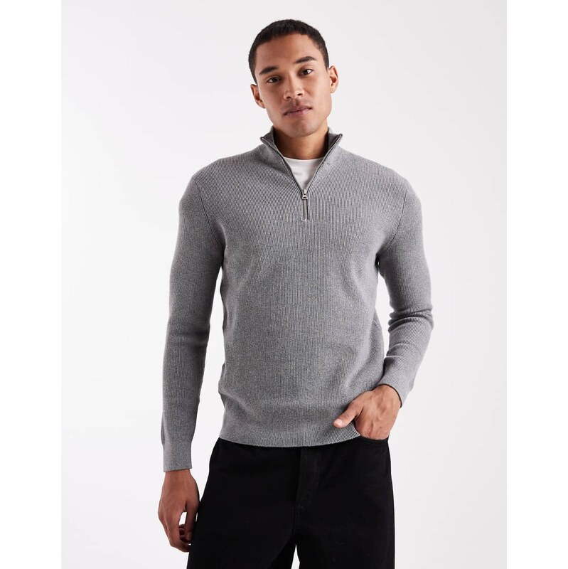 ONLY & SONS ribbed half zip jumper in grey