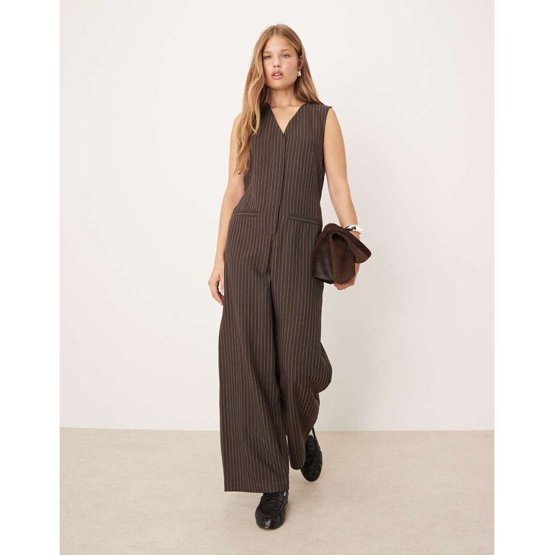 ASOS DESIGN V neck jumpsuit in chocolate pinstripe-Brown 109725277