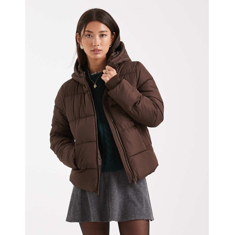 Pieces padded coat with hood in chocolate brown