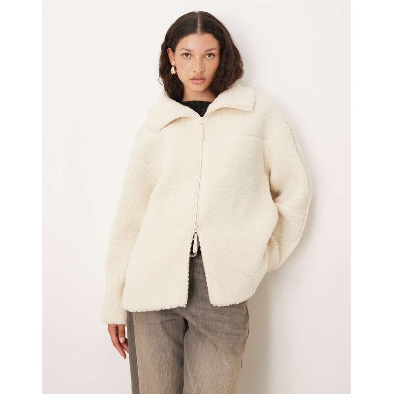 Gina Tricot pile zip up shacket jacket in cream-White