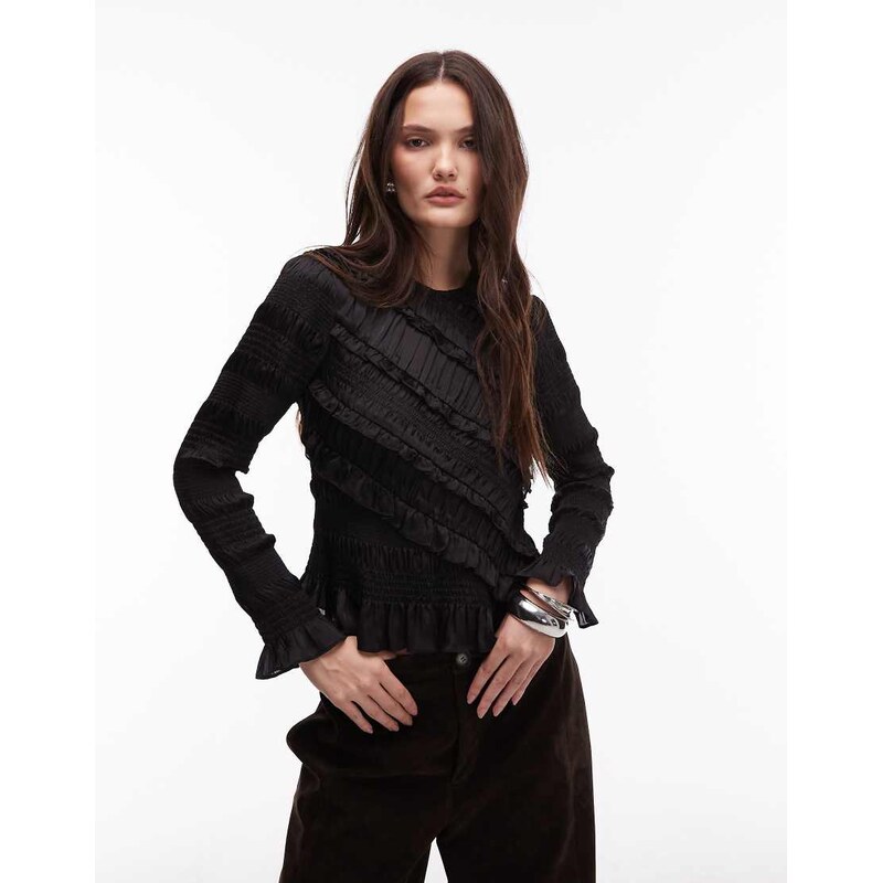 Allsaints Nyla ruffle long sleeve top in black