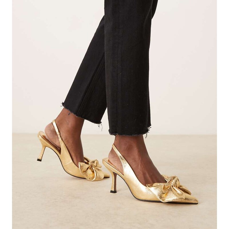 ASOS DESIGN Wide Fit Saffron bow detail mid heeled shoes in gold