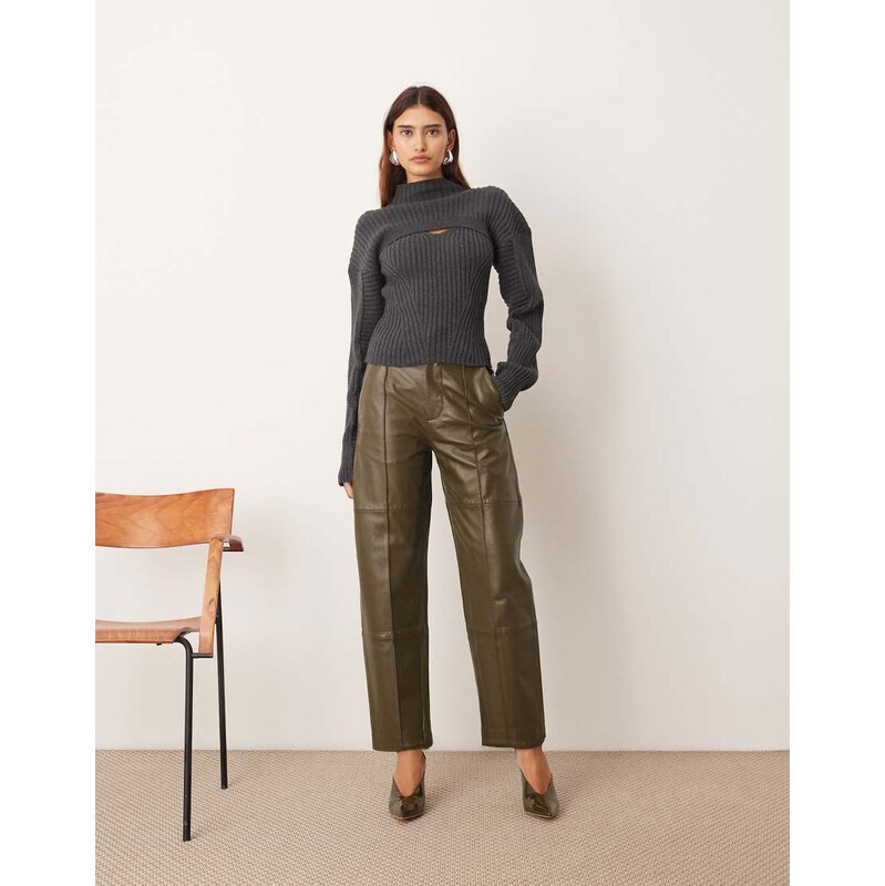 ARRANGE leather slim trouser in olive green