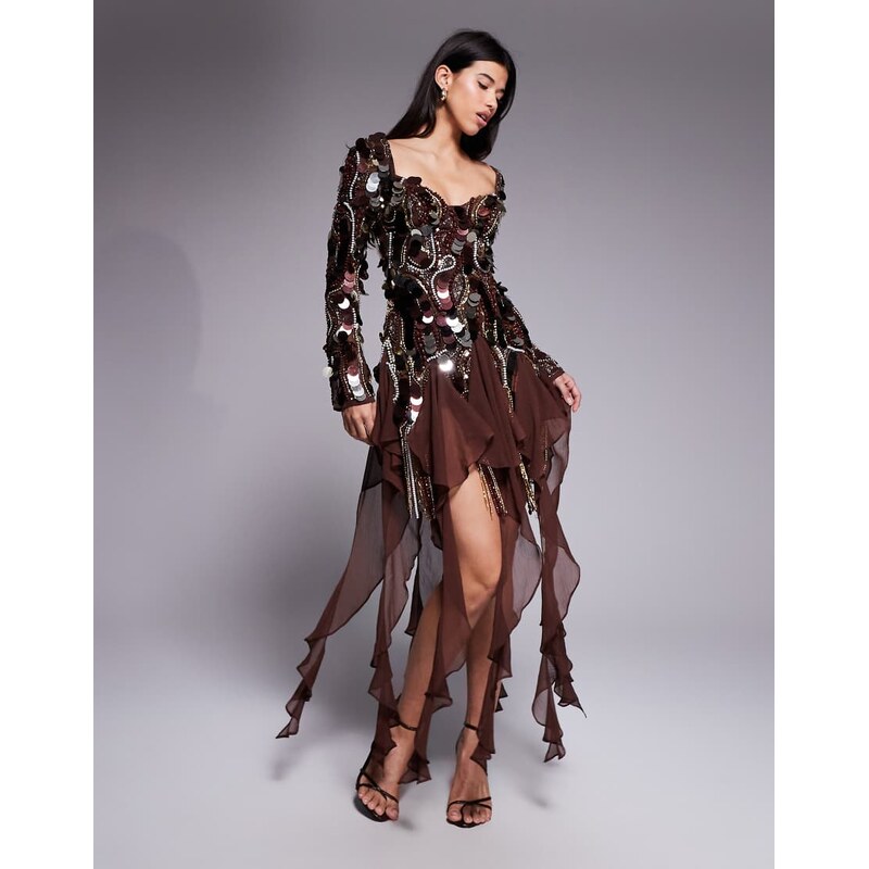 ASOS LUXE embellished chiffon trim mini dress in brown 108592653