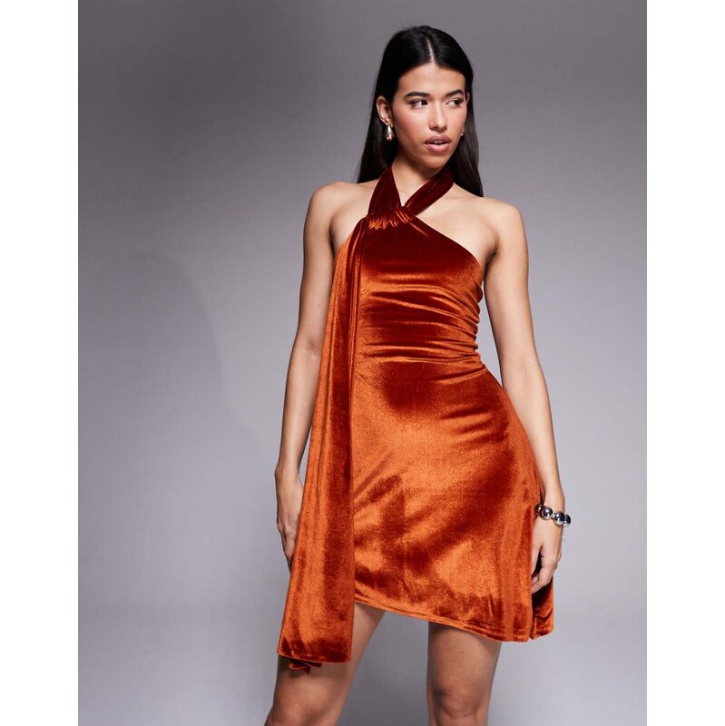 ASOS DESIGN velvet halterneck skater mini dress in rust-Orange
