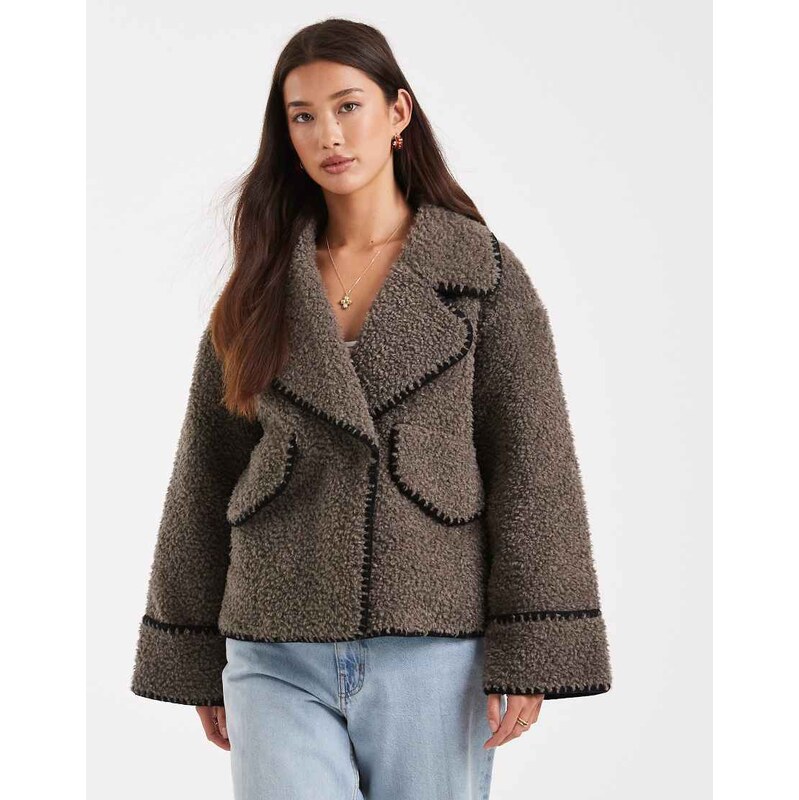 Object borg teddy aviator jacket with contrast stitch in brown-Black 115514831
