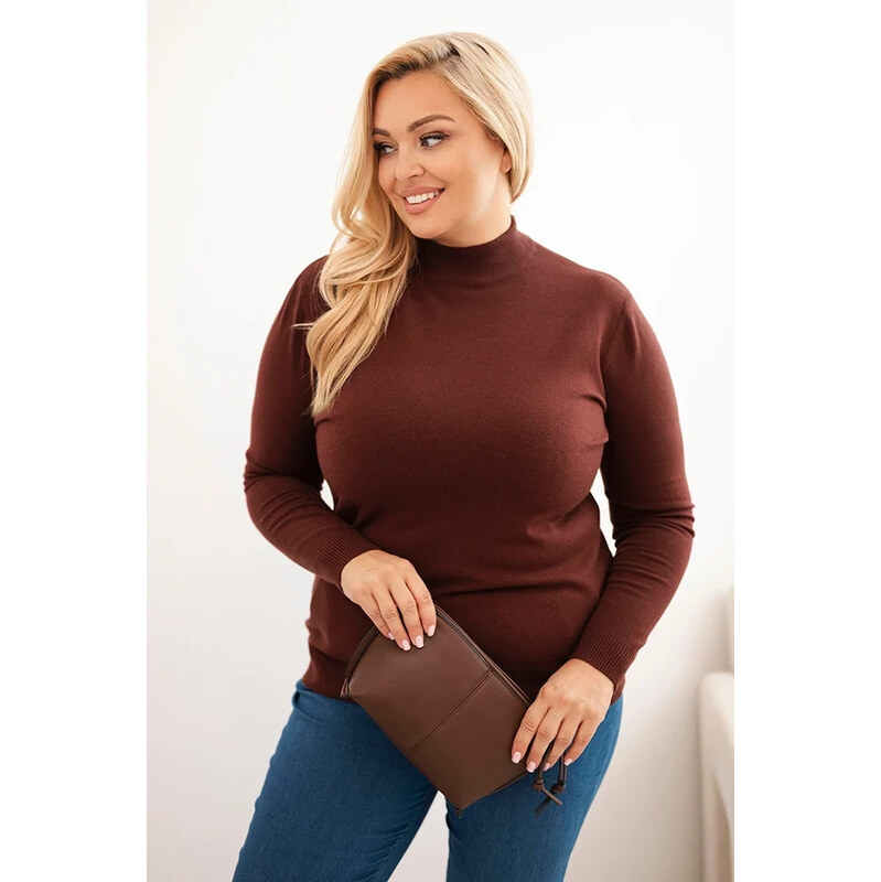 K-Fashion Dámský svetr Plus Size z viskózy s rolákem hnědý