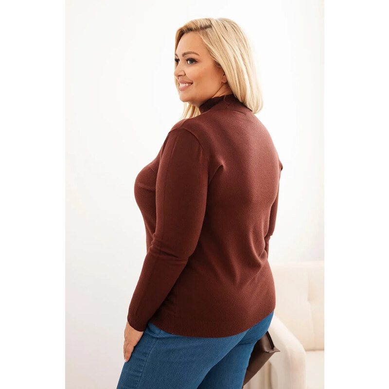 K-Fashion Dámský svetr Plus Size z viskózy s rolákem hnědý