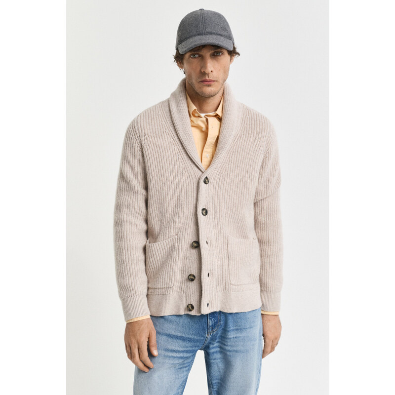 KARDIGÁN GANT WOOL BLEND SHAWL COLLAR CARDIGAN LIGHT BEIGE