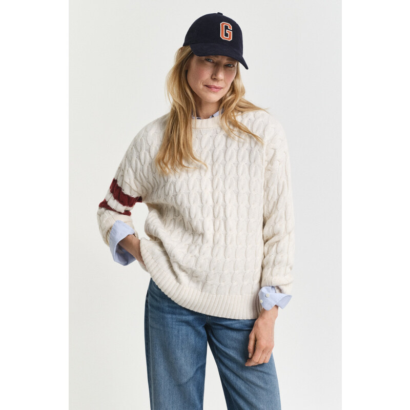 SVETR GANT CONTRAST STRIPED CABLE KNIT C-NECK CREAM 108424837