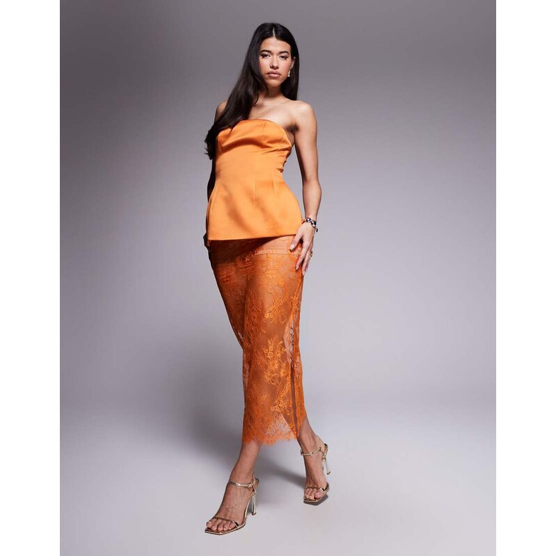 ASOS DESIGN delicate sheer lace midaxi skirt in orange