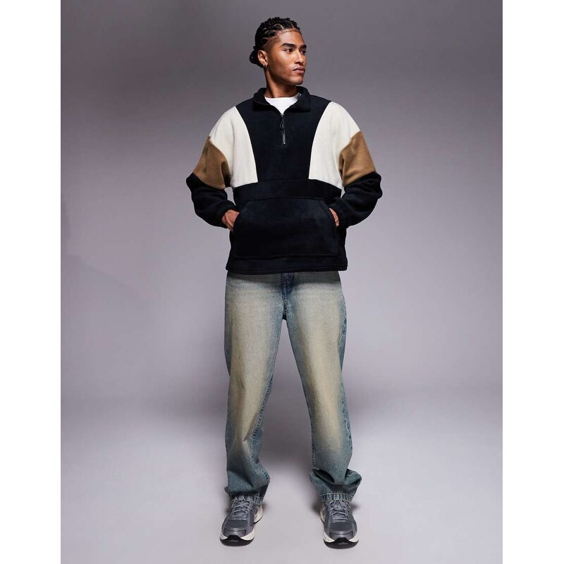 ASOS DESIGN relaxed quarter zip funnel neck fleece sweatshirt with colour block in black