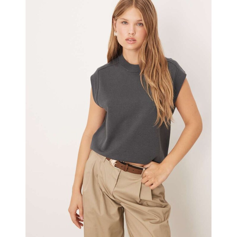 Mango knitted cap sleeve t-shirt in charcoal-Grey
