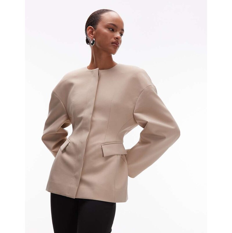ASOS DESIGN sculpted collarless blazer in camel-Neutral 108517626