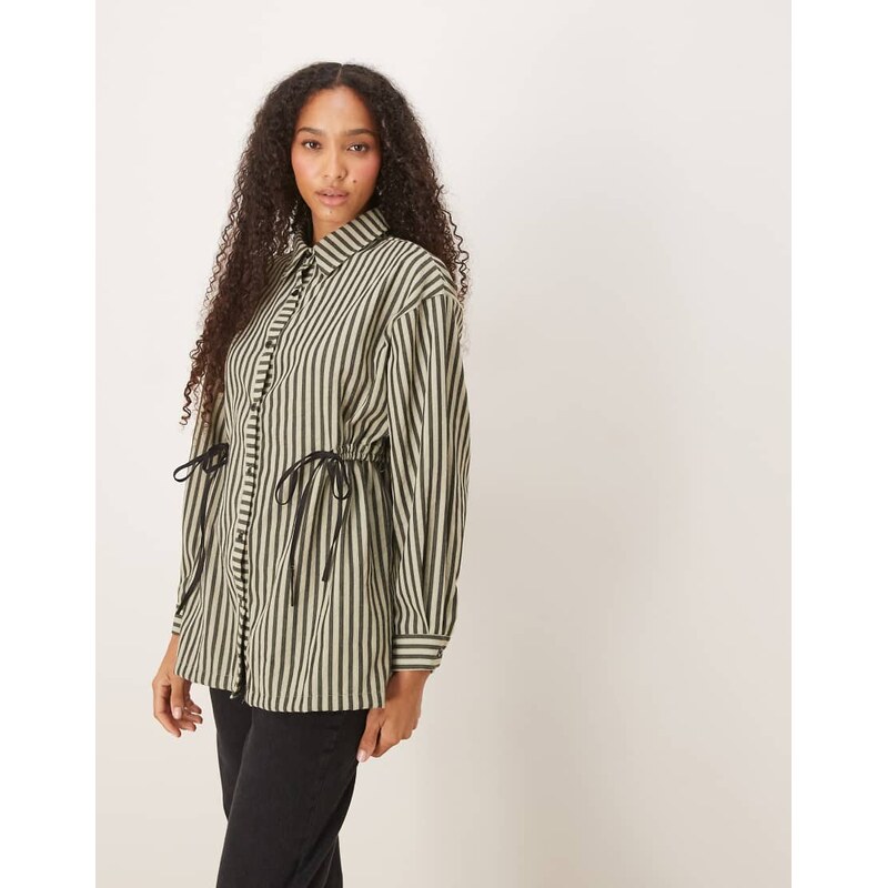 Ghospell cinched shirt with contrast tie in khaki stripe-Green 108617941