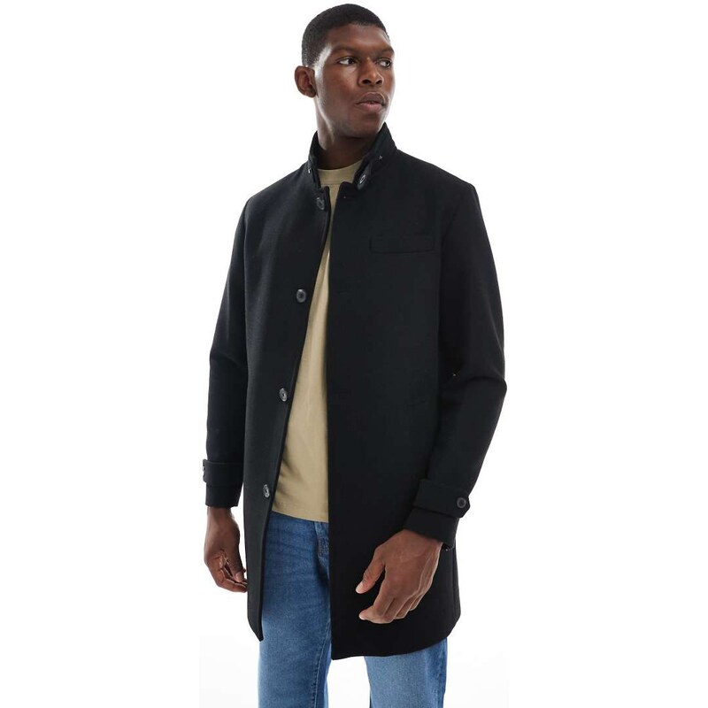 Jack & Jones wool blend funnel neck coat in black
