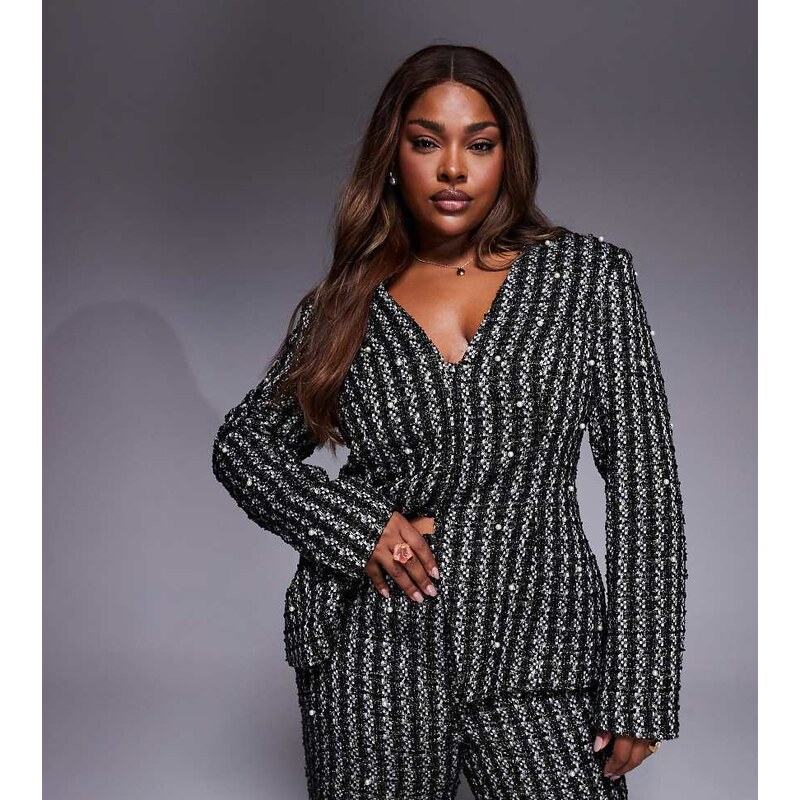 ASOS LUXE Curve pearl embellished boucle blazer co-ord in black 109413044