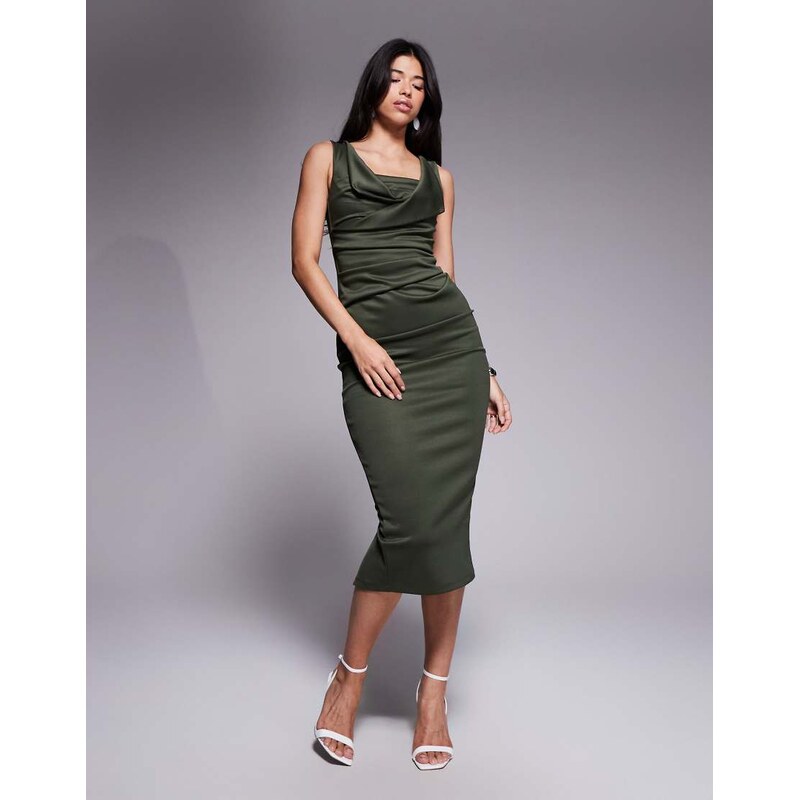 ASOS DESIGN square neck pleat bust midi pencil dress in green