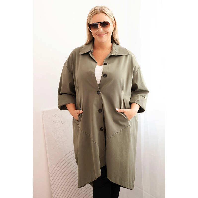 K-Fashion Dámský plášť Plus Size Punto s bavlnou a knoflíky khaki 108498385