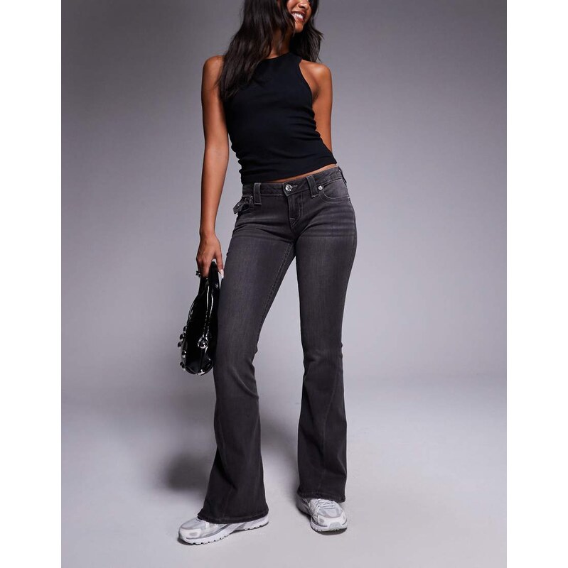 True Religion Joey low rise flare jeans with flap pocket in charcoal 115609847