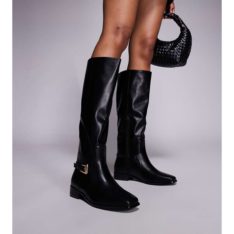 Public Desire Wide Fit Mackie knee boots with buckle in black 108874895