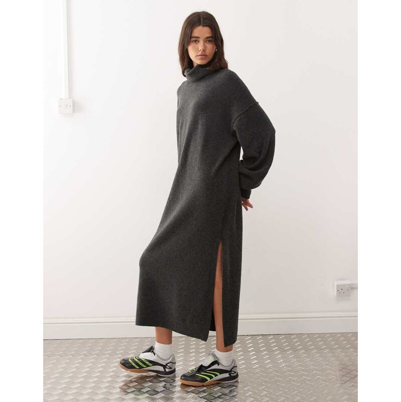 Weekday turtle neck knitted maxi jumper dress in black melange