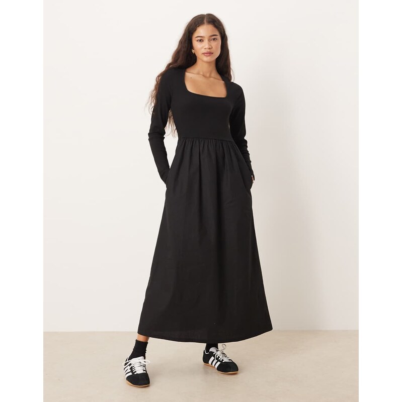 Threadbare long sleeve square neck midi dress with poplin skirt in 114773367