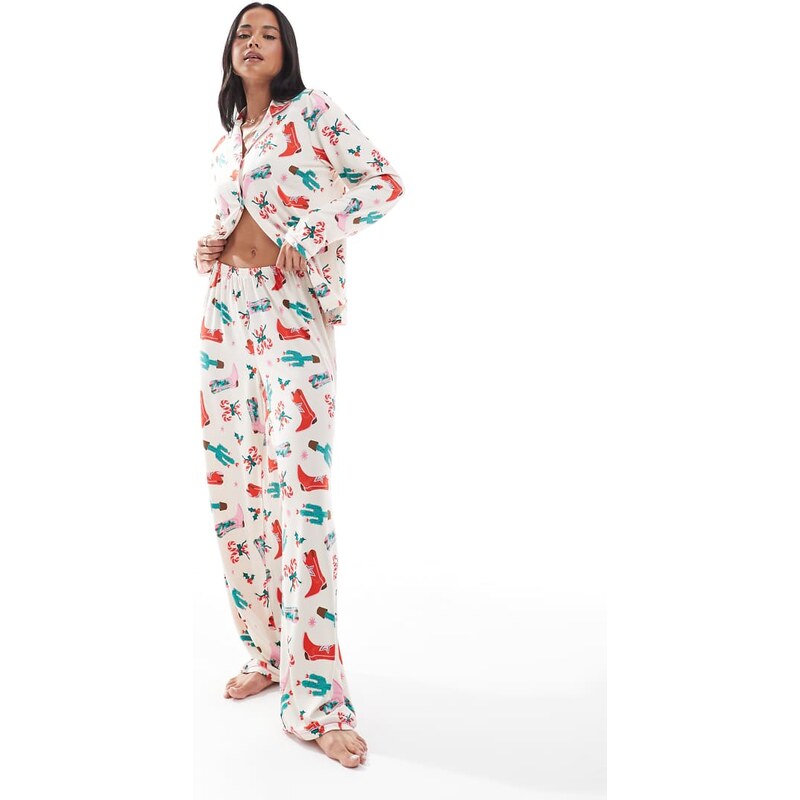 Urban Threads Christmas long sleeve revere and trouser pyjama set in 108783990