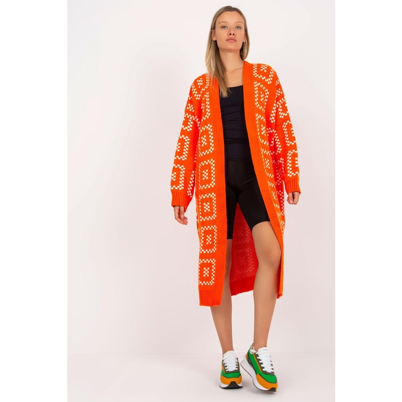 MladaModa Dlouhý vzorovaný kardiganový svetr model 29608 oranžový 108502498