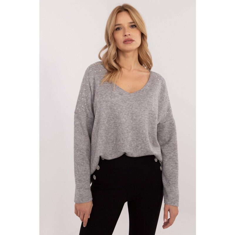 MladaModa Oversize svetr s aplikací z kamínků model 69021 šedý