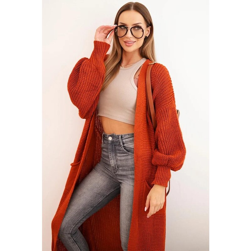 MladaModa Dlouhý kardiganový svetr model IT-8 tmavě oranžový 108911385