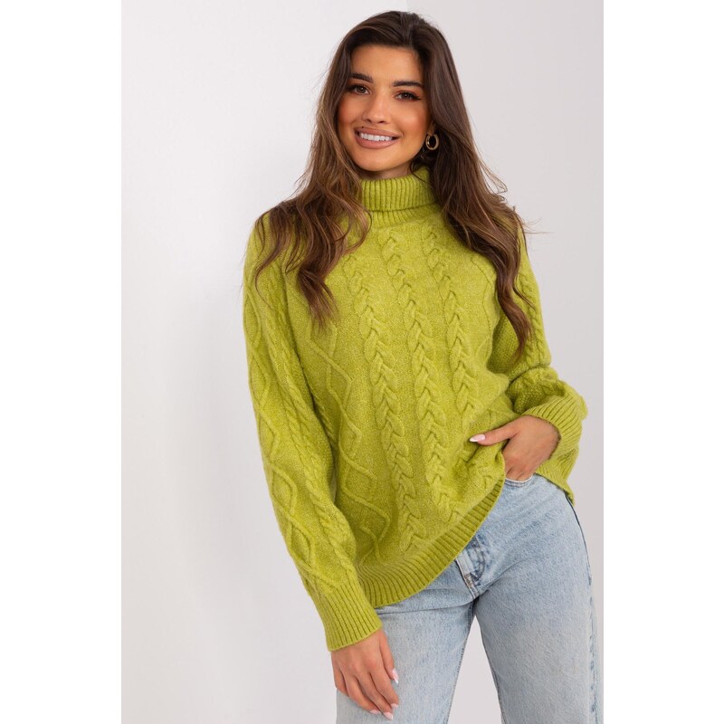 MladaModa Rolákový svetr s copánkovým vzorem model 55212 barva khaki 108807650