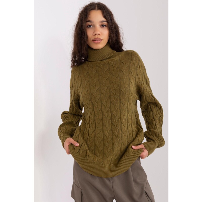 MladaModa Rolákový svetr s copánkovým vzorem model 34807 barva khaki 108807685