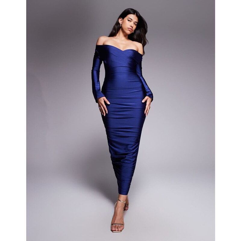 Ruched & Ready You Wish sculpted high shine off shoulder sweetheart 114342979