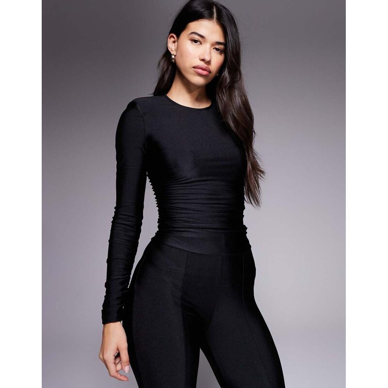 Ruched & Ready sculpting high shine padded shoulder detail bodysuit 108504825