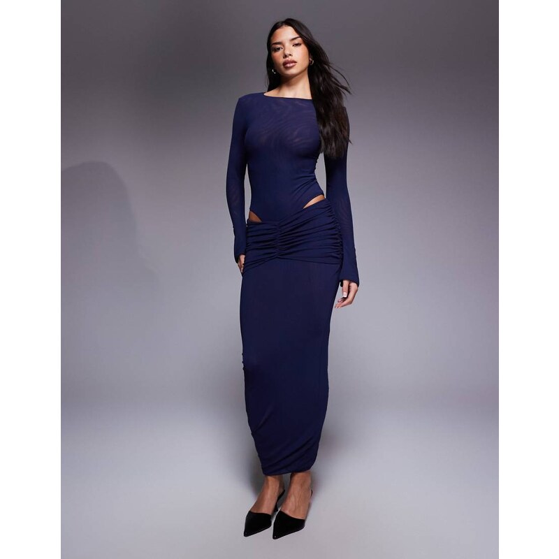 Ruched & Ready mesh ruched drape detail bodycon maxi skirt co