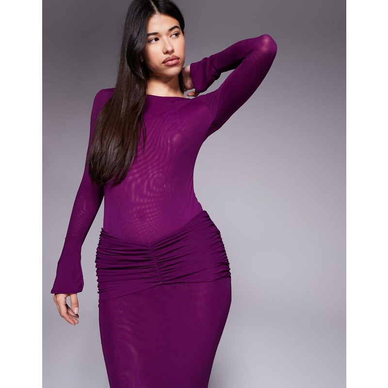 Ruched & Ready mesh slash neck flare sleeve bodysuit co-ord in plum 110141341