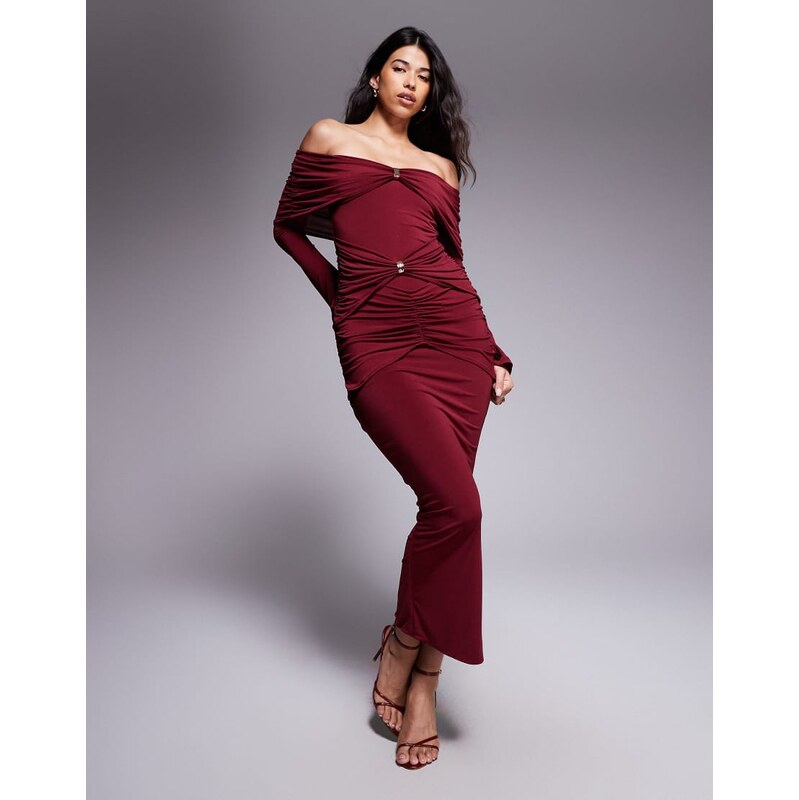 Ruched & Ready sculpted off shoulder gold hardware ruched detail