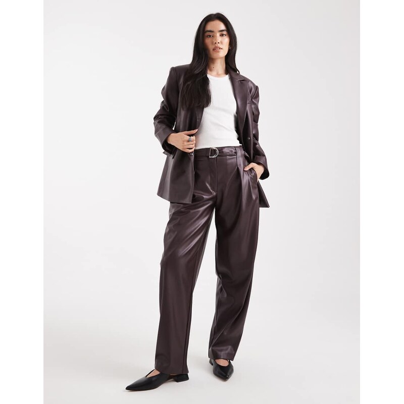 ASOS DESIGN faux leather pleated barrel leg trousers with belt