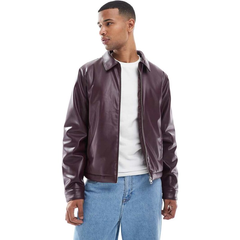 ASOS DESIGN faux leather harrington jacket in burgundy-Red