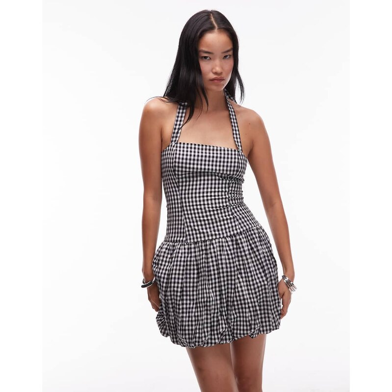 COLLUSION puffball halter mini dress in black and white gingham 108514798