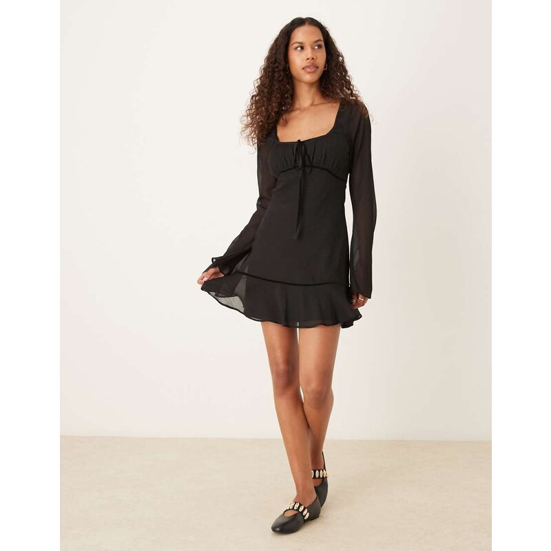 ASOS DESIGN ruched bust scoop long sleeve mini dress in black
