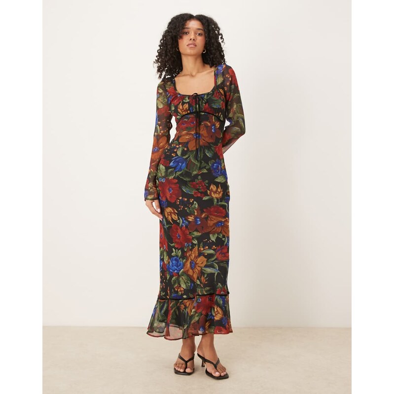 ASOS DESIGN ruched bust scoop long sleeve maxi dress in floral