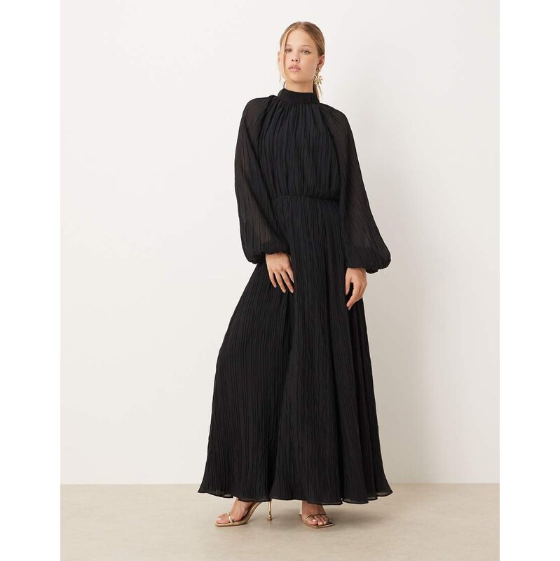 ASOS DESIGN high neck crinkle maxi dress with blouson sleeve in