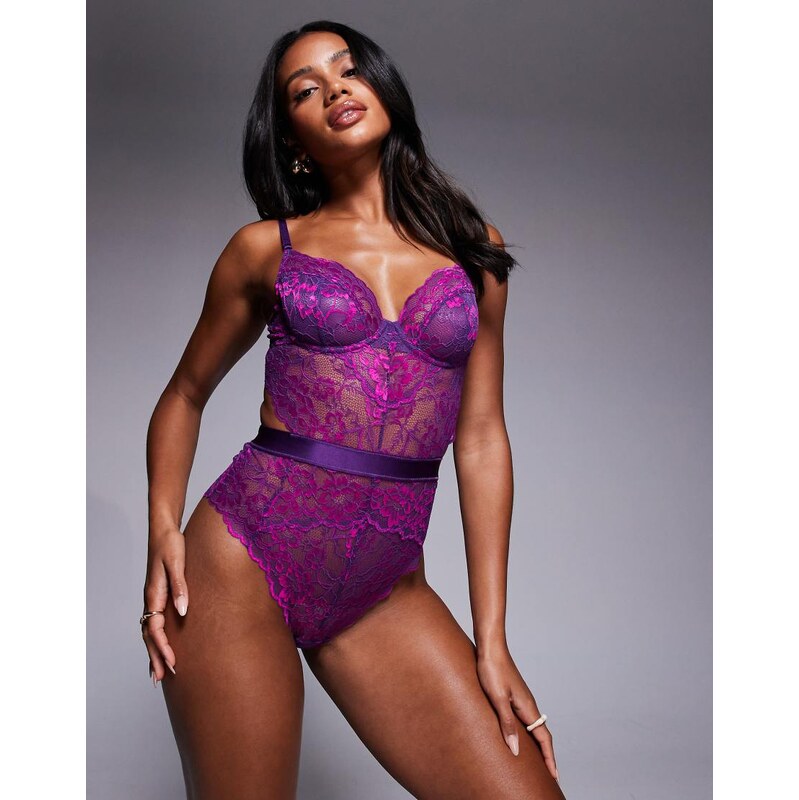 Ann Summers Hold Me Tight two tone bodysuit in purple/pink-Multi