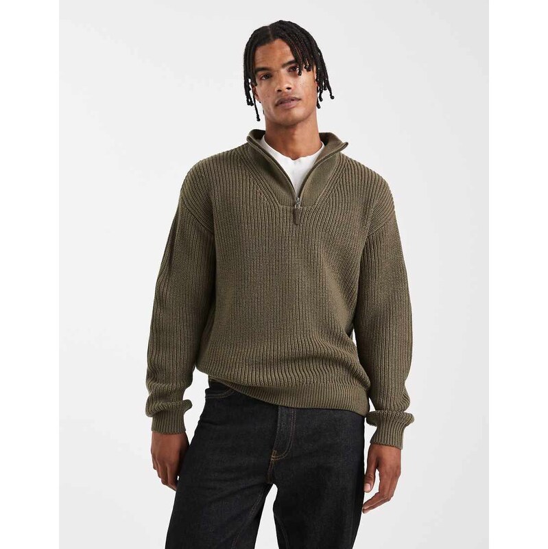 New Look fisherman knit 1/4 zip jumper in dark khaki-Green