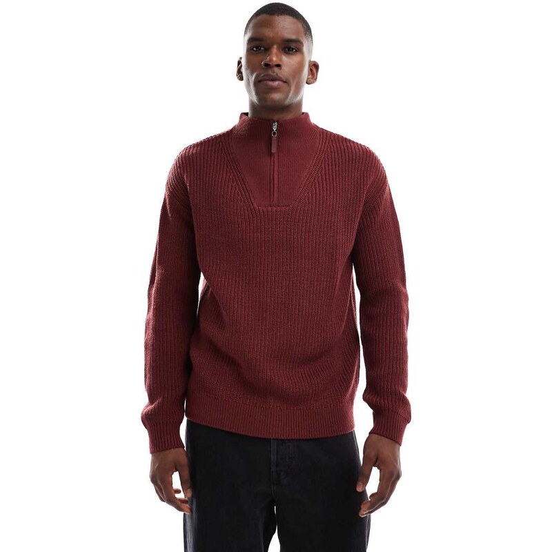 New Look fisherman knit 1/4 zip jumper in burgundy-Red